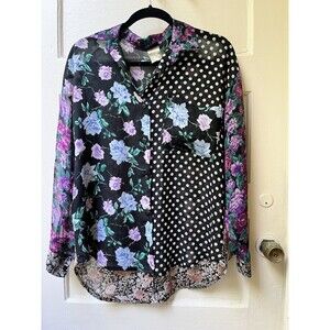 90s Judy Knapp Womens Floral Dark Romantic Polka Dot Blouse Siz Med Celestial